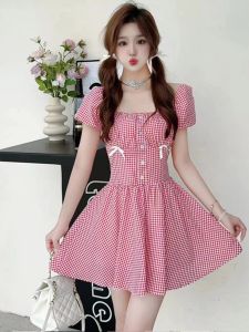 ชุดเดรสแขนพองสไตล์ฝรั่งเศสสำหรับผู้หญิง ทรงเข้ารูป ลายสก็อต คอเหลี่ยม กระโปรงทรงเอ ทรงเข้ารูป กระโปรงทรงเอ