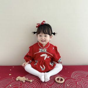 Red Chinese Style Baby Girls Cheongsam One Year Old Birthday Ceremony Clothes Summer High End Bottom Covering Outfit Three Months plus