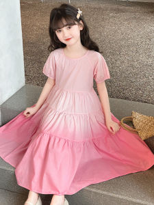 Girls Gradient Cotton Blend Summer Dress Short Sleeve Lightweight Princess Skirt Breathable Comfortable Pure Cotton Midi Dress