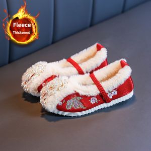 Embroidered Hanfu Shoes for Girls Traditional Chinese Costume Footwear Warm Cotton New Year Visit Shoes Childrens Fashion Footwear