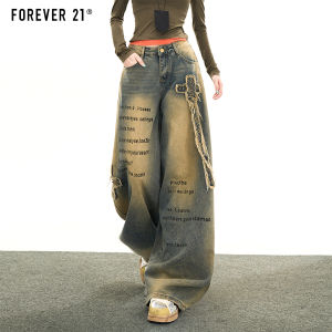 Forever 21 Wide Leg Denim Jeans Womens Retro High Street Cross Patch Design Sense Straight Leg Long Pants Letter Print