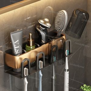 Rak Tempat Sikat Gigi Kamar Mandi Bebas Bor Cangkir Obat Kumur Aluminium Tahan Air-4 orang