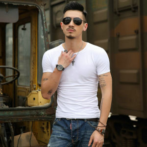 Summer Short-Sleeved T-shirt Mens Slim Fit round Neck Half Sleeve Lycra Cotton Elastic Base Shirt Pure Color Tight Sports T-shirt T