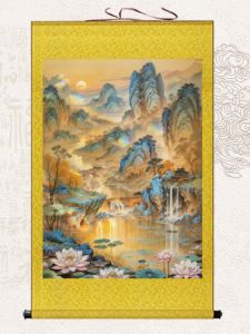 New Chinese Style Landscape Painting Mountain Waterfall Villa Home Decor Wall Art Buddha Hall Fairy Daoist Background Picture