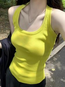 Yellow Knitted Slim Fit U-Neck Vest Women Summer Outerwear Design Sensation Sweet And Spicy Girl Mini Top Commute Style