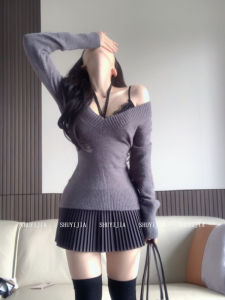 Áo Len Dệt Kim Cổ Chữ V SYJ Pure Desire Dành Cho Nữ Mùa Thu Phong Cách Hàn Quốc Váy Xếp Ly Cạp Cao Bộ Ba Mảnh Thời Trang