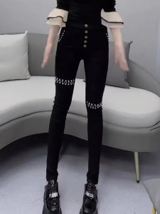 High Waist Elastic Fashionable Asymmetric Heavy Embellished Womens Bottoming Pencil Pants Casual Long Trousers