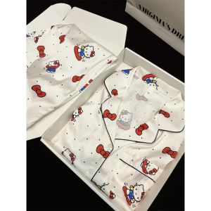 Kawaii Hello Kitty Pajama Set Light Luxury Cartoon Polka Dot Print Long Sleeved Sweet Outerwear Summer Home Clothing Wholesale