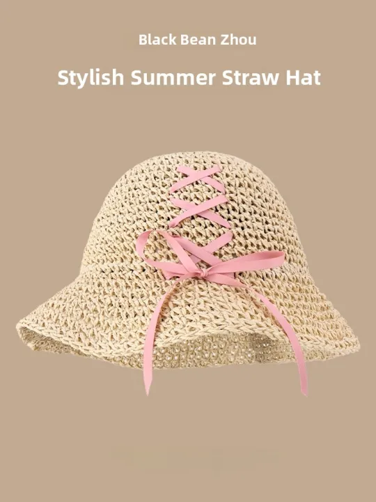 Sweet%20Lace%20Straw%20Women%20Handwoven%20Summer%20Sun%20Protection%20Travel%20Large%20Brim%20Beach%20Sunshade%20Hat%20Casual%20Style%20round%20Top%20-%20Image%204