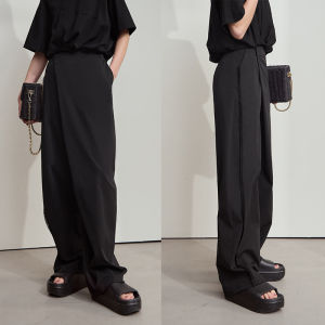 AMII | Wrinkled Texture Asymmetric Fringed Belted Casual Pants
