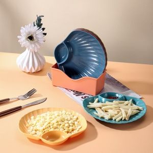 APS.J112 Piring Plastik Wadah Tempat Saji Model Kerang - Piring Saji Dengan Tempat Saus dan Kecap - Piring Makan Plastik