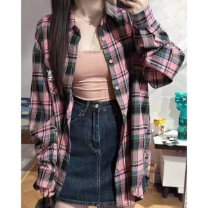 Korean Style Dopamine Wear Sweet Tender Pink Green Plaid Shirt for Women Loose Leisure Slimming Mid Length Long Length Embroidered Shirt