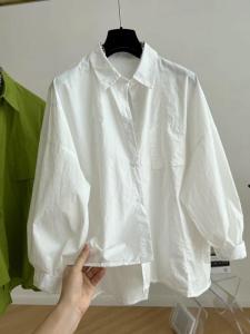 เสื้อเชิ้ตแขนยาวผู้หญิงคอโปโลสไตล์เกาหลีหลวมๆ สีพื้น ผ้าฝ้าย ทรงหลวม สไตล์เรียบง่าย ฤดูใบไม้ร่วง 2024