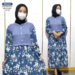 Viola MIDI dress knit rib mix crinkle MIDI dress kombinasi motif bunga MIDI dress terbaru model kekinian