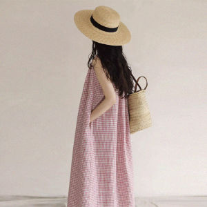 Chimaoqinghe ~ Japanese Magazine Style Yarn-Dyed Linen Plaid Dress Mori Style Sleeveless Vest Dress Casual Cotton and Linen Dress