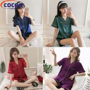 COCOAFashion ชุดนอนผ้าไหมซาตินผู้หญิง2ชิ้นชุดนอนแขนสั้น + กางเกงขายาวชุดนอนผู้หญิงเสื้อผ้าใส่ในบ้านแบบลำลอง | เซ็ตชุดนอน