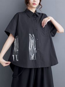 Summer Short Sleeve Shirt Womens plus Size Loose Fit Pure Color Print Patchwork Design Slimming Top Commute Style Regular Length