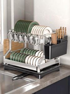 Stainless Steel Kitchen Countertop Drain Rack Dishware Organizer Modern Simplicity Style Bowl Plate Storage Shelf Water Drainage