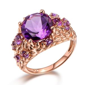 Kemstone Luxury Oval Amethyst Ring for Women Gold Plated Synthetic Gemstone Statement Jewelry