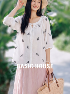 Basic House | French White Cotton Printed 3/4 Sleeve Womens Shirt