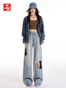 American Style Vintage Faded Hole Wide Leg Denim Pants Womens High Waist Loose Straight Floor-length 2025 Autumn Winter New Arrival Casual Cotton Jeans