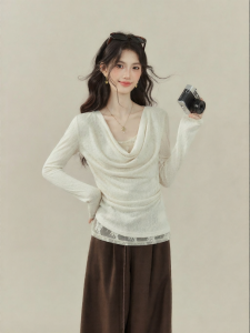 OUYANGXI | Áo Nữ Thu Ren Cổ Draping Ghép Giả Hai Lớp