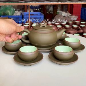 Bộ Ấm Chén Uống Trà Bộ Ấm Chén Bát Tràng  - Trống Đai Xanh Chỉ Men Ngọc