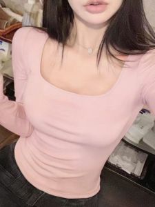 Áo Thun Dài Tay Cổ Chữ U Màu Hồng Cho Nữ Mùa Thu Đông Dày Dặn Ấm Áp Chất Liệu Polyester Pha Trộn Cotton Thường Ngày