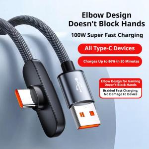 100W Type C Fast Charging 90 Degree Elbow Data Cable Braided Super Charger Mobile Gaming Cord For Phone 1m 1.5m 2m Black