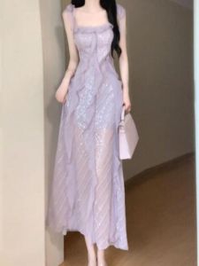 CHANGTONG | French Elegant Purple Strapless Dress Beautiful Unique Evening Gown For Beach Holiday Summer Slim Fit Midi Dress U-Neckline