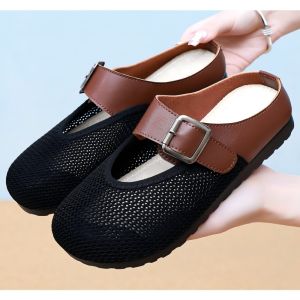 Womens High-End Slippers Womens Outer Wear Summer Fly-Woven Mesh Shoes Half-Slip Womens Sandals Fashionable Shoes Versatile for Women