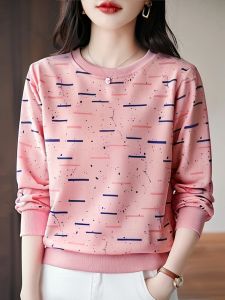 Womens Loose Fit Long Sleeve Cotton T-Shirt Pink Base Shirt Korean Style Sweet Striped Top Comfortable Soft Cotton Tee
