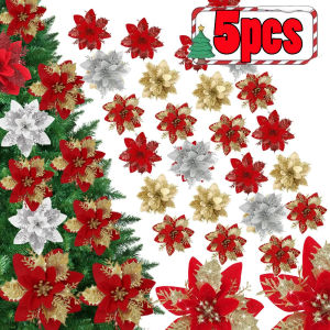 5Pcs Glitter Artificial Christmas Flowers / Simulation Gold Powder Christmas Flower / Xmas Tree Garland Ornaments / Christmas Artificial Flowers / Christmas Artificial FlowersTree Hanging