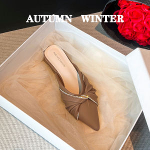 Elegant Womens Summer Outdoor Wear Mules Half Slippers Pointed Toe Thick Heel Slip-On Shoes Korean Style Butterfly Knot