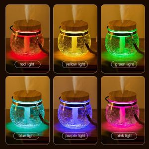 Diffuser 400ML Pelembap Botol Pelembap Udara Kabut Kaca 7 Warna Lampu Malam Pegangan Tali Penyebar Minyak Esensial Pelembap Udara USB Desktop Dingin
