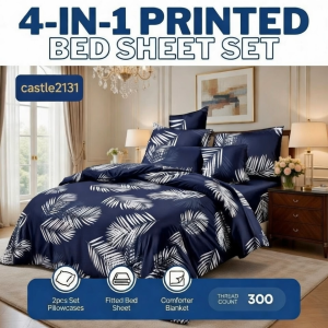 4-in-1 Bedding Set Comforter Fitted Sheet with Garter 2 Pillowcases Soft Bedsheet Set Double Queen King