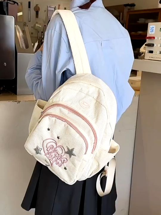 Ransel Corduroy Tas Ransel Mini Y2k Putih Korduroi Tas Sekolah Kecil Korea Lucu Tas Travelling Wanita Backpack