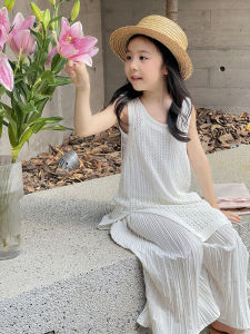 Girls Knitted Hollow out Vest Dress Korean Style Spring Summer Autumn Seasonal Fashion Split Design Childrens Clothing