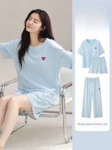 miiow | Pure Cotton Three-Piece Cat Person Sleepwear Set Womens Summer Short Sleeve Loose Home Clothes Comfortable Breathable Nightgown