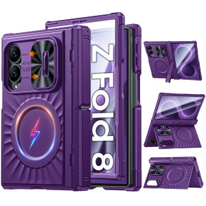 for Samsung Galaxy Fold 8 Case Build inTempered Glass Screen Protector with MagneticSlim Translucent Matte Case-Purple