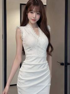 CHANGTONG | White Lace Spliced V-neck Stylish Slimming Dress
