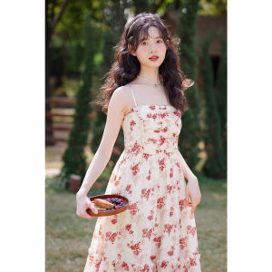Red Floral Print Vintage Mini Dress Womens Spring Summer New Style Adjustable Strap Waist Cinching Slimming Beautiful Long Skirt