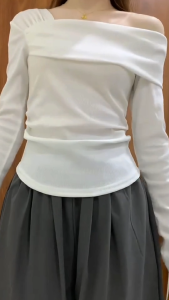 Áo Thun Nữ Trễ Vai Vạt Lệch Cổ Vuông Áo Kiểu Nữ Lệch Vai Phối Dây Rút Eo Dáng Ôm Lucky Clothing 205