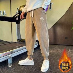 Khaki Corduroy Mens Pants Autumn Winter Fleece Lined Cuffed Casual Sports Shorts Embroidered Slim Fit Youth Fashion