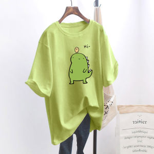 เสื้อยืดแขนสั้นสีเขียวมะพร้าวสำหรับผู้หญิง ทรงหลวม สไตล์เกาหลี ลายส้ม แฟชั่นฤดูร้อน เสื้อยืดคอกลม ผ้าโพลีเอสเตอร์