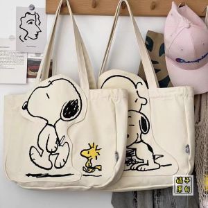 Túi Vải Canvas Snoopy Dung Tích Lớn Túi Đeo Vai Đơn Khóa Kéo Túi Học Sinh Hoạt Hình Dễ Thương Túi Vải Canvas Phong Cách Nhật Bản Ban Đầu