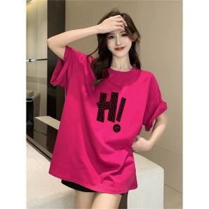SUSHOUWANGE | Dragonfruit Patterned Short Sleeve T-shirt Loose Fit Cotton Mid-long