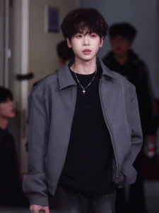 Gray Cleanfit Short Profile Outwear Mens Autumn and Winter Trendy American High Street Padded Shoulder Administrative Polo Collar Jacket