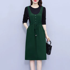 Elegant Mid-Length Womens Dress Slimming Long Sleeves High Waist A-Line Skirt Korean Style Commute Autumn Fashion 2024