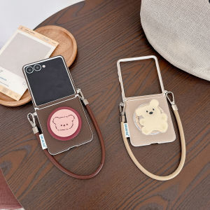 เคสโทรศัพท์หนังพร้อมที่ยึดแม่เหล็กแบบการ์ตูนน่ารักสำหรับ Samsung Galaxy Z Flip 7 6 5 4 3 พร้อมสายคล้อง